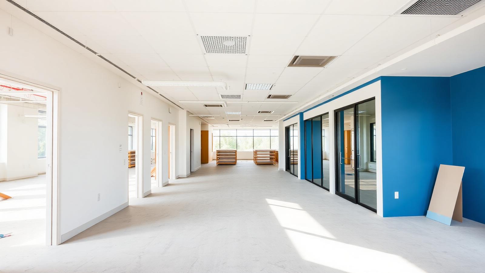 Commercial office build-out with newly installed drywall partitions in a Chicago suburb